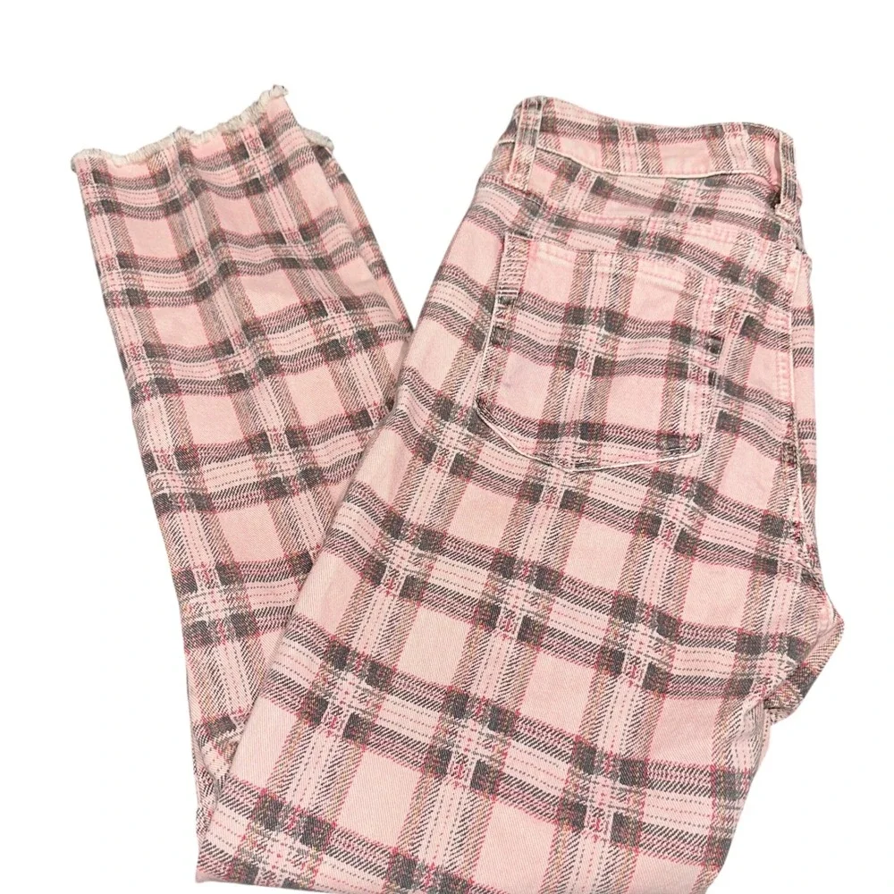 Paige Hoxton Slim Pink Plaid Jeans Raw Hem Stretch Women's 28‎